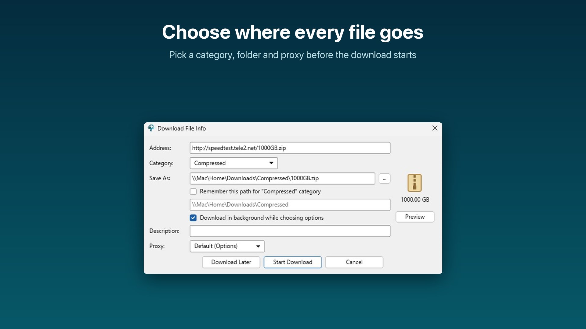 Hydra Download Manager download file info dialog showing source URL, destination folder, category, and file size