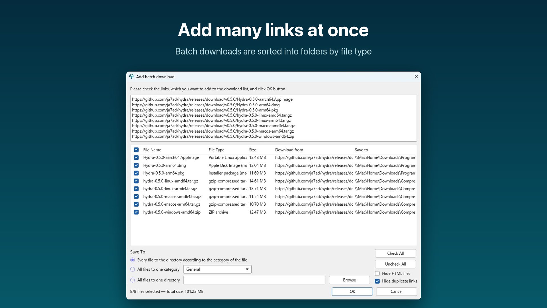 Hydra Download Manager batch download dialog for selecting and importing multiple release links simultaneously