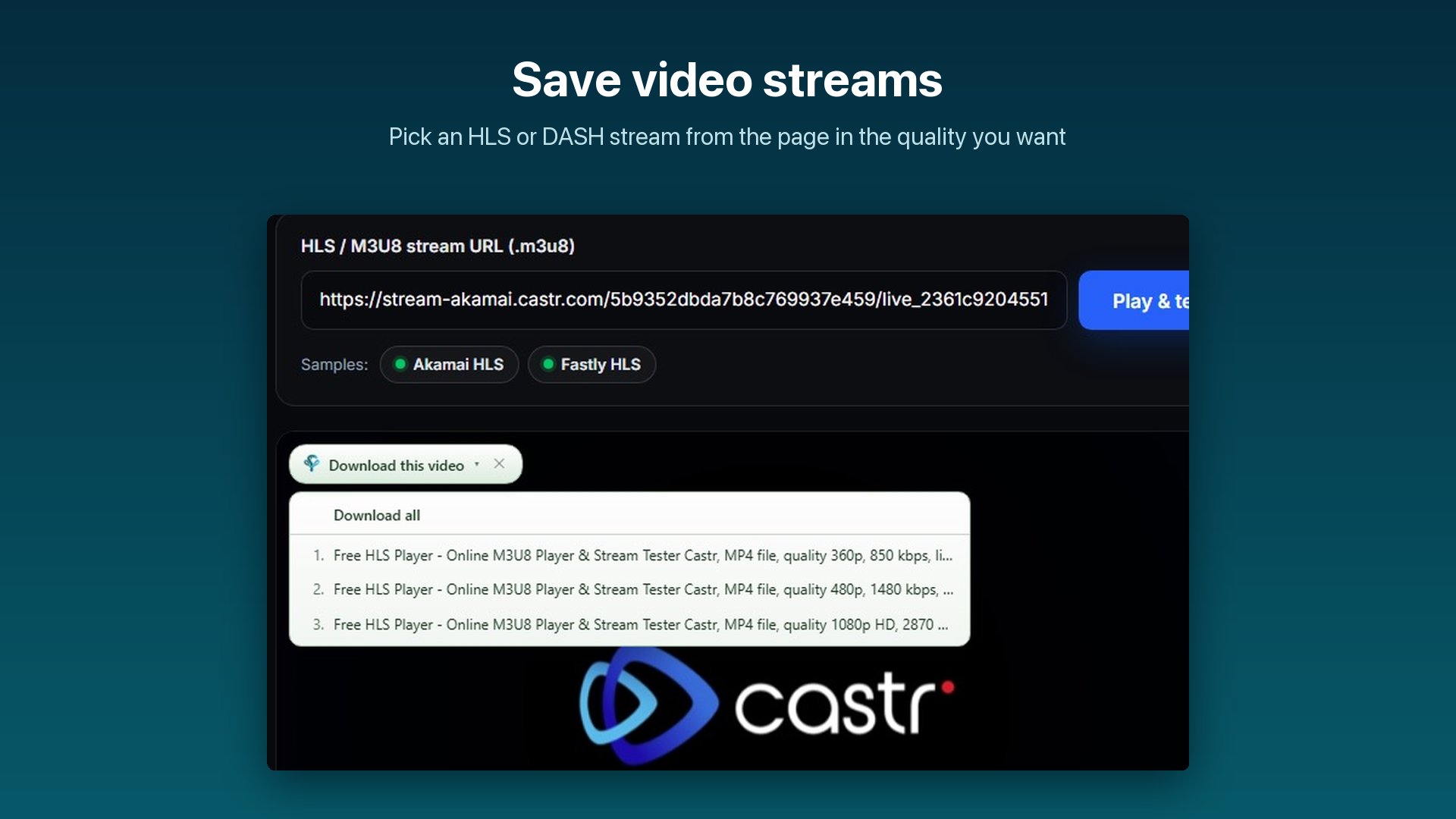 Hydra Download Manager HLS and M3U8 video stream capture dialog with selectable stream quality options up to 1080p HD