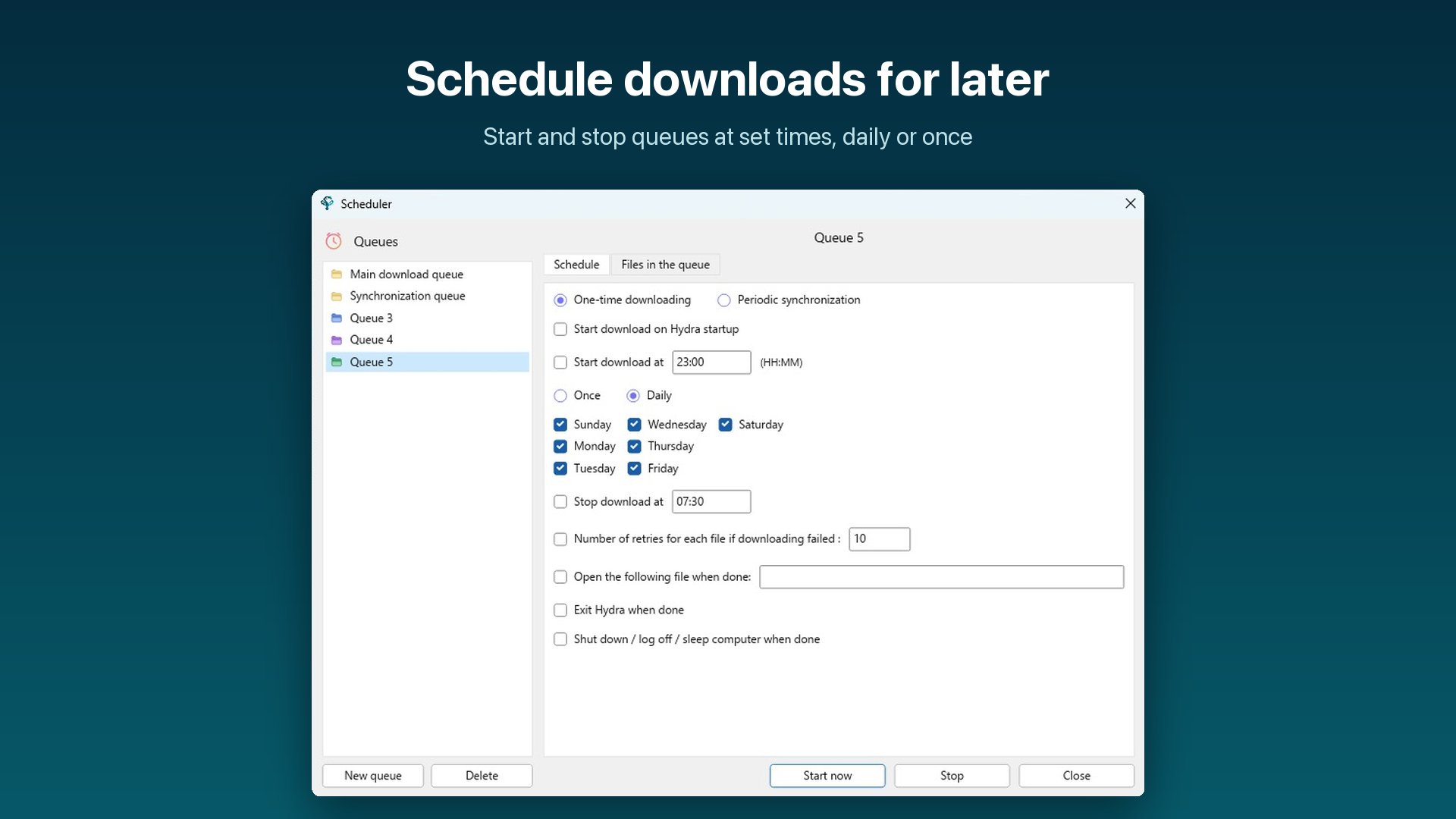 Hydra Download Manager scheduler window showing download queues, time-based triggers, and periodic synchronization options