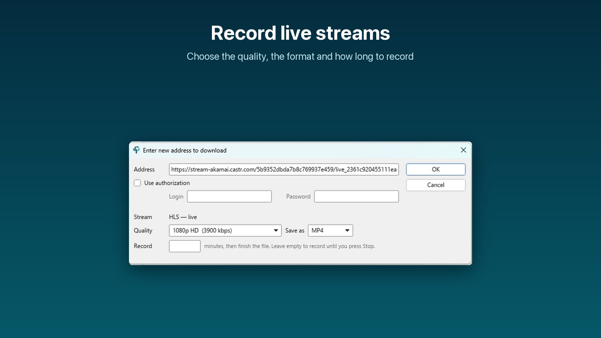Hydra Download Manager live stream capture setup showing address input, authentication, and stream quality selection