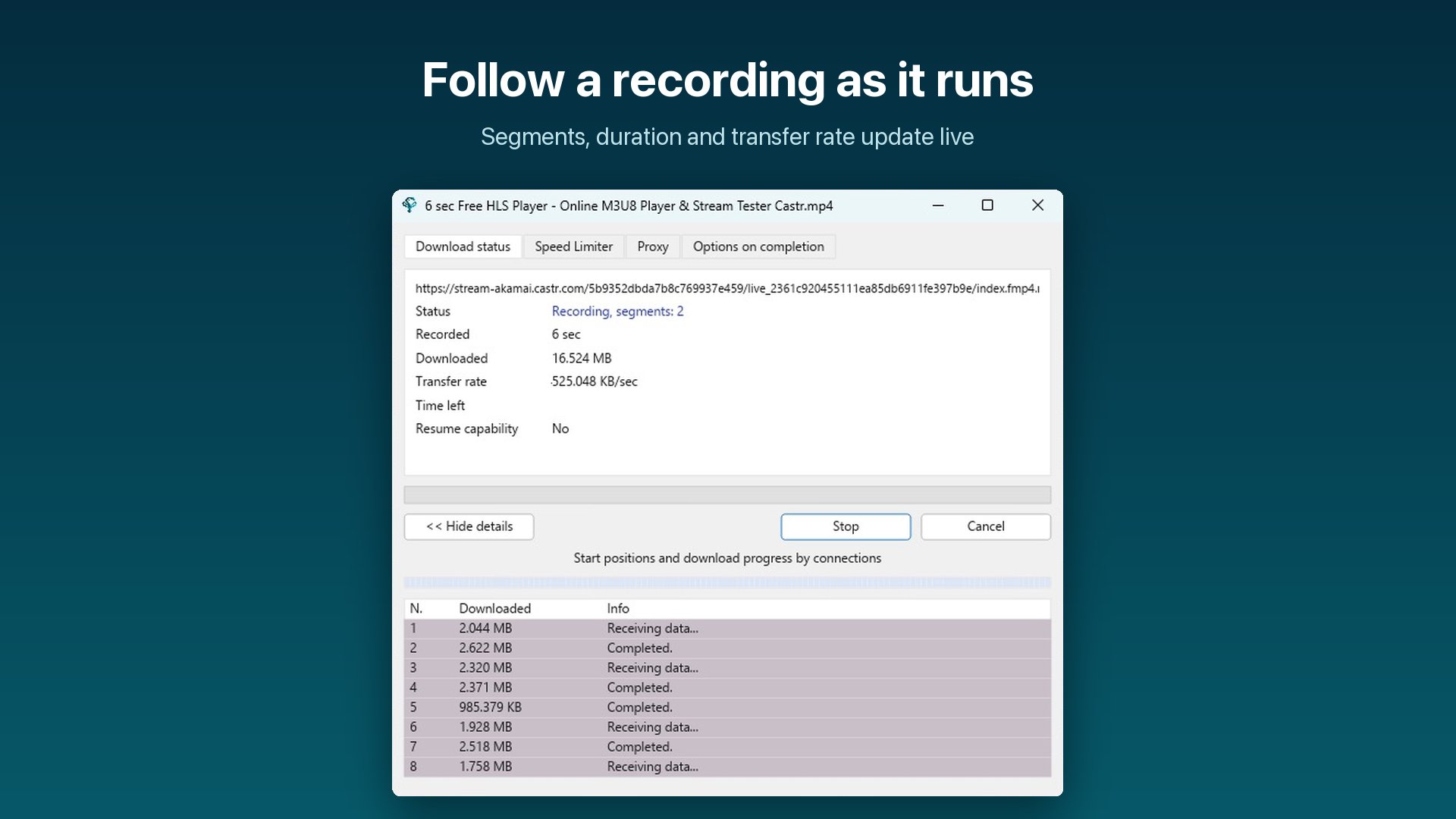 Hydra Download Manager live stream recording monitor showing recorded segments, duration, transfer rate, and progress