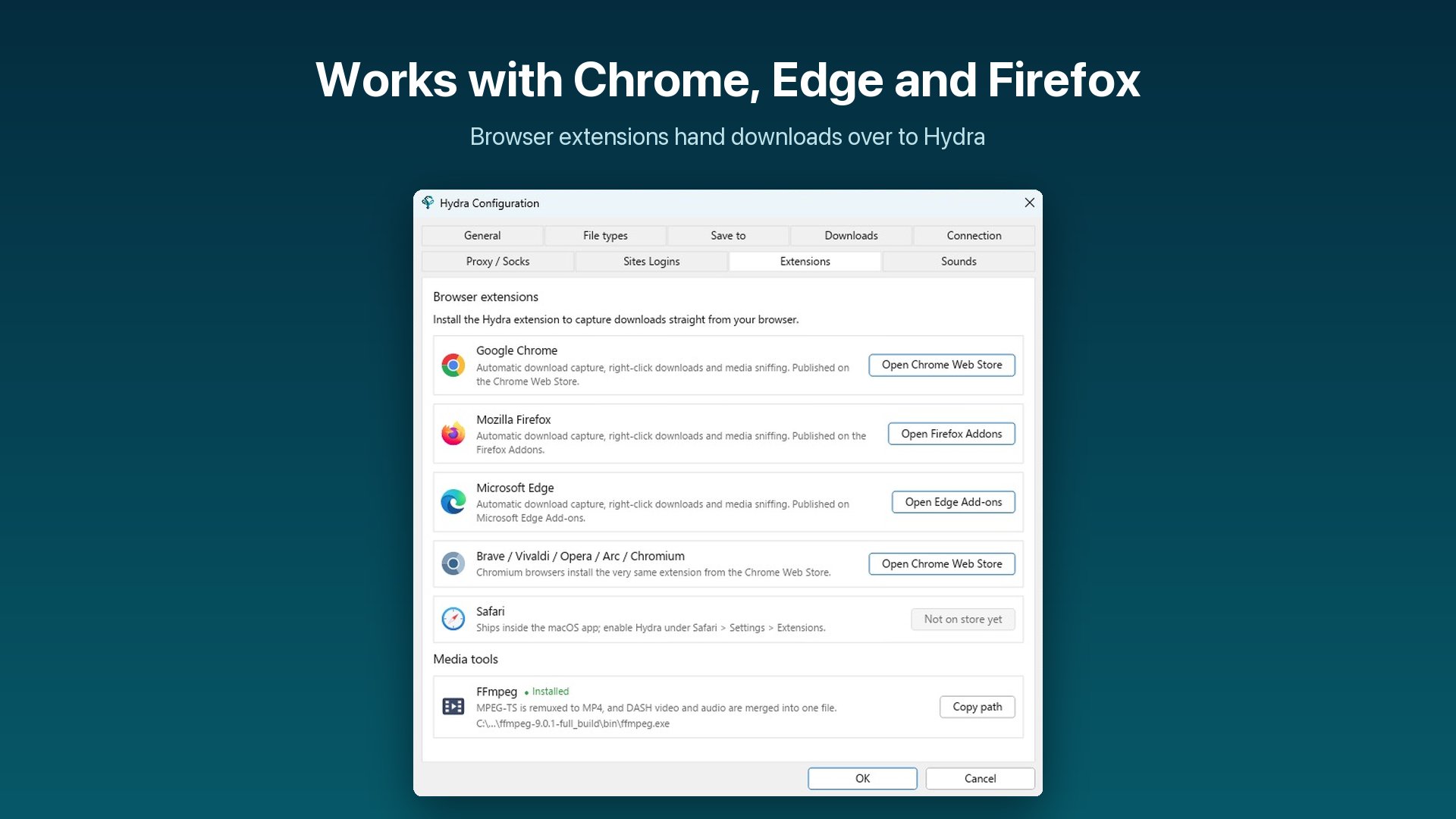 Hydra Download Manager configuration window displaying browser extension integration for Chrome and Firefox